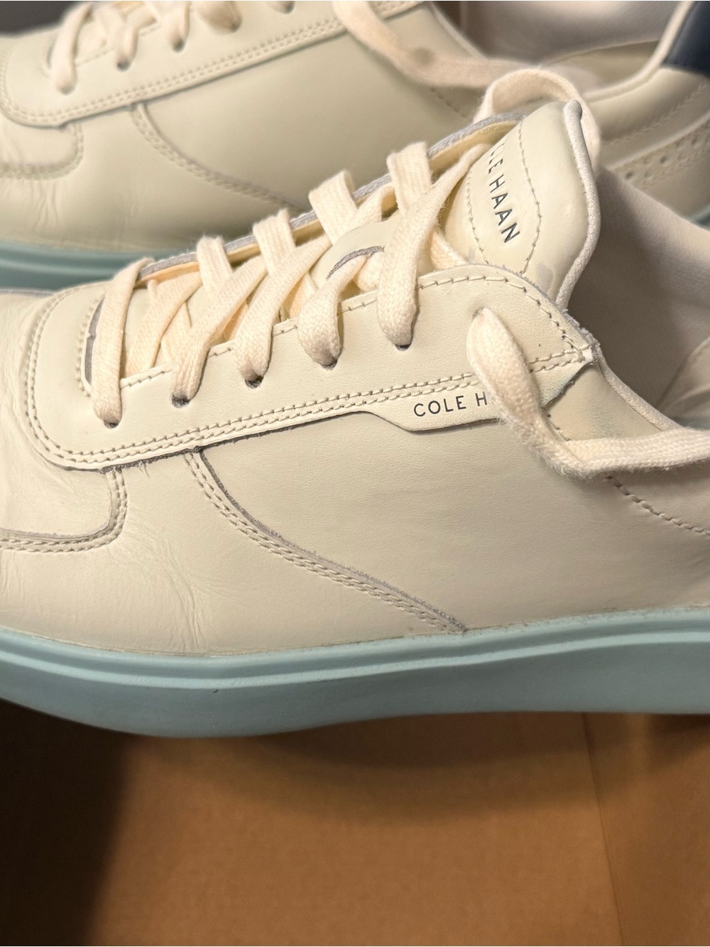 Cole Haan Men’s Cream Leather Sneakers with Light Blue Sole - Picture 3 of 5
